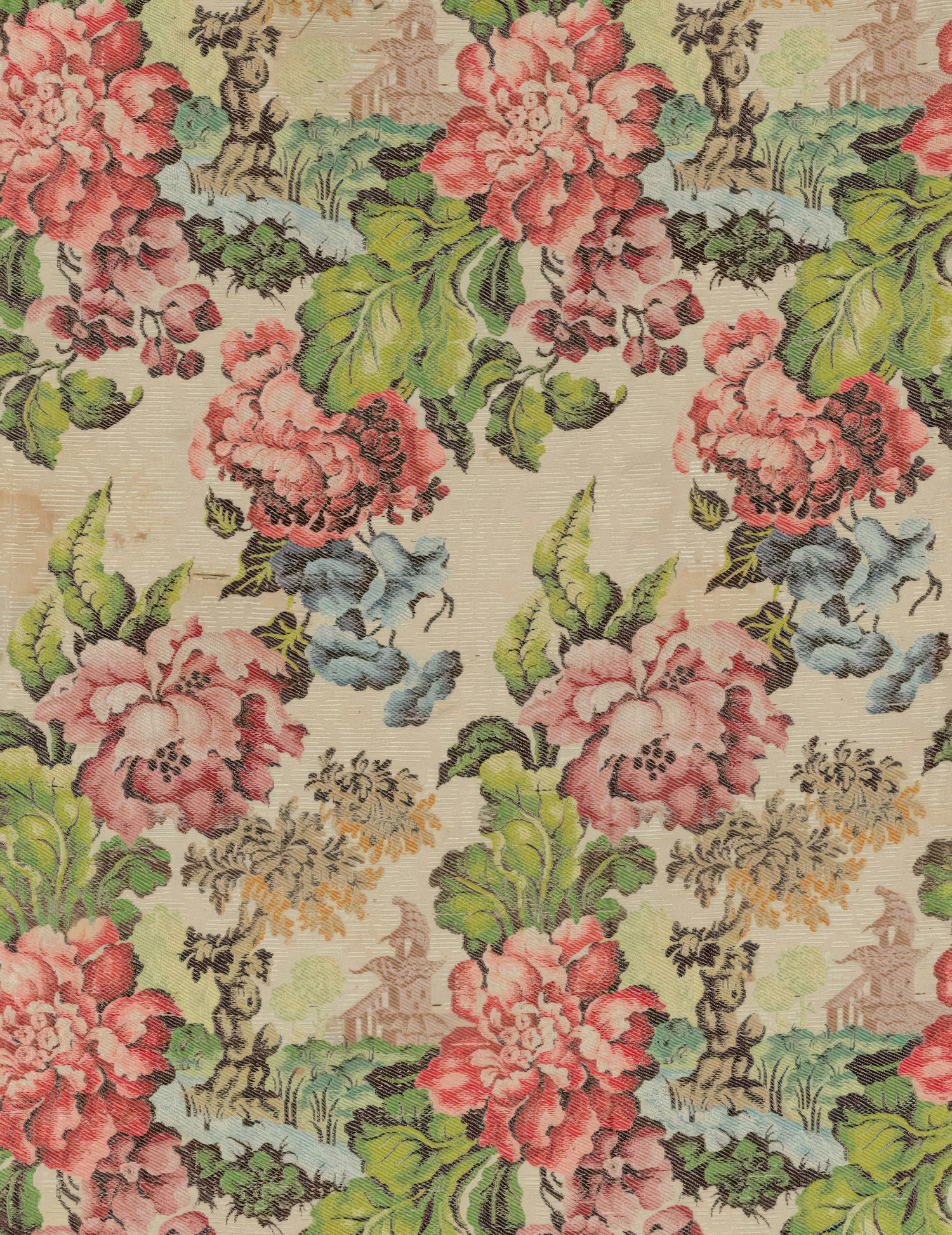 A woven floral brocade in faded pink, green and blue on a cream ground, the same bouquet of roses and leaves recurring in even rows across the cloth.